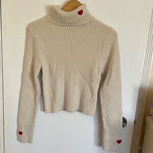Size L Happily Grey Cream Ribbed Turtleneck Sweater with Red Heart Details